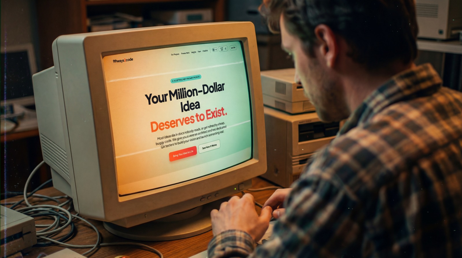 Site-ul 99ways2code afișat pe un monitor CRT retro beige cu titlul portocaliu: Your Million-Dollar Idea Deserves to Exist